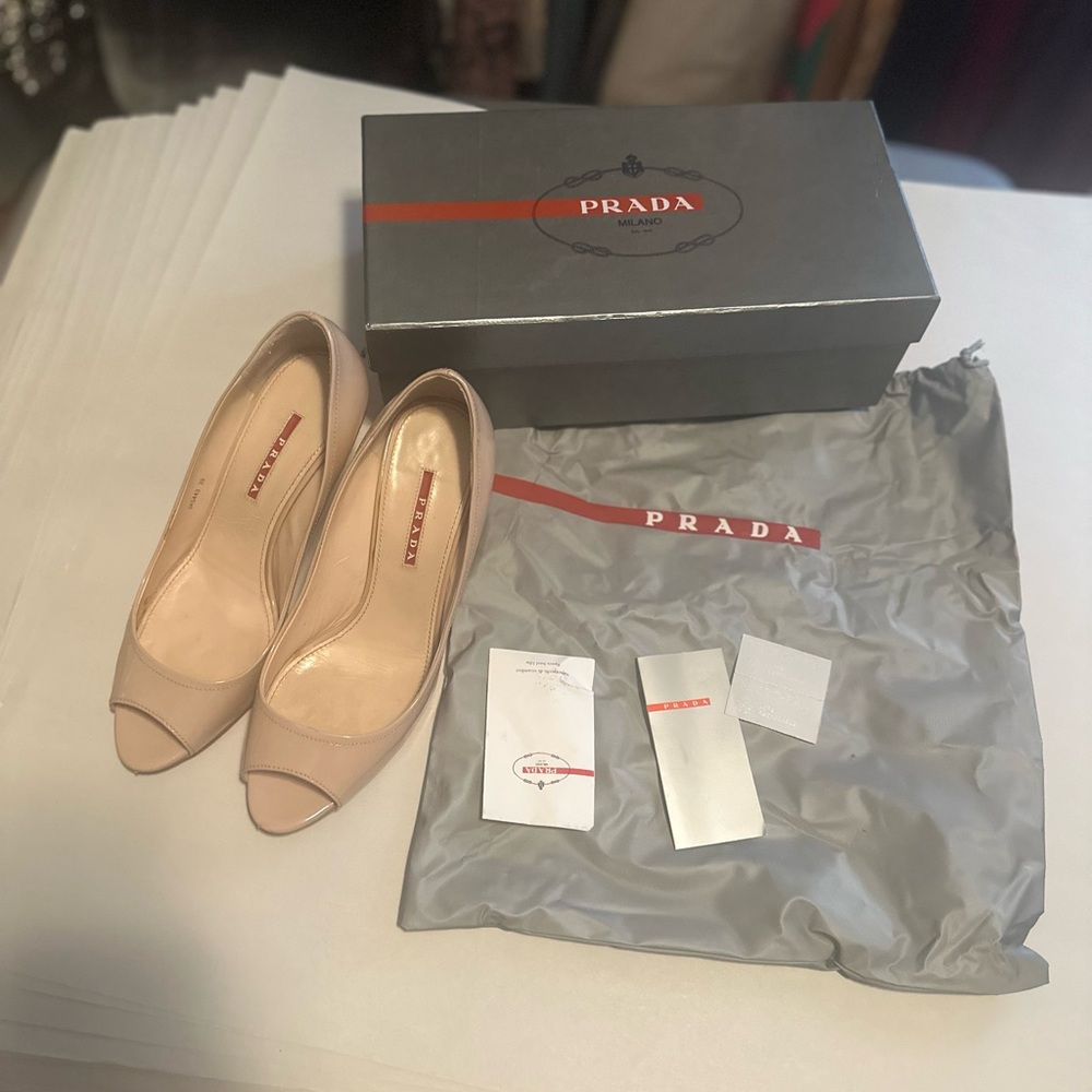 Prada Nude Patent Leather Peep-Toe Pumps - Picture 11 of 11